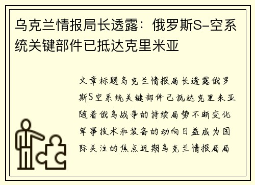 乌克兰情报局长透露：俄罗斯S-空系统关键部件已抵达克里米亚